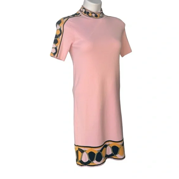 Emilio Pucci Knit Short Sleeve Mock Neck Dress with Geometric Border Trim, Sz XS - Picture 5 of 16